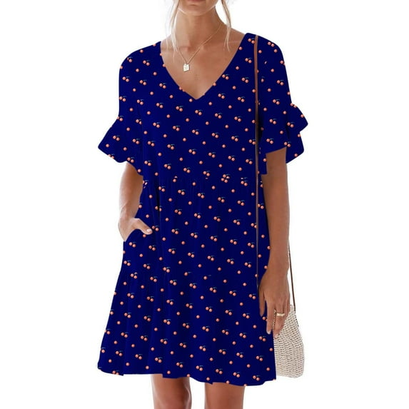 LOVZFMLL Summer Dresses for Women Casual Loose V Neck Short Sleeve Mini Dress Ruffle Swing Polka Dot/Boho Floral Print Beach Sundress Navy B S