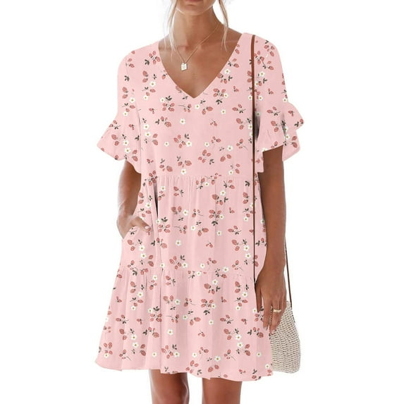 LOVZFMLL Summer Dresses for Women Casual Loose V Neck Short Sleeve Mini Dress Ruffle Swing Polka Dot/Boho Floral Print Beach Sundress Pink C L