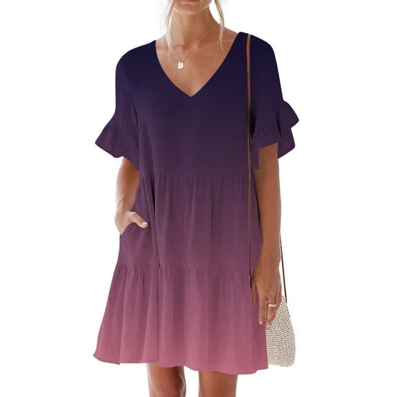 LOVZFMLL Summer Dresses for Women Casual Loose V Neck Short Sleeve Mini Dress Ruffle Swing Polka Dot/Boho Floral Print Beach Sundress Purple F S