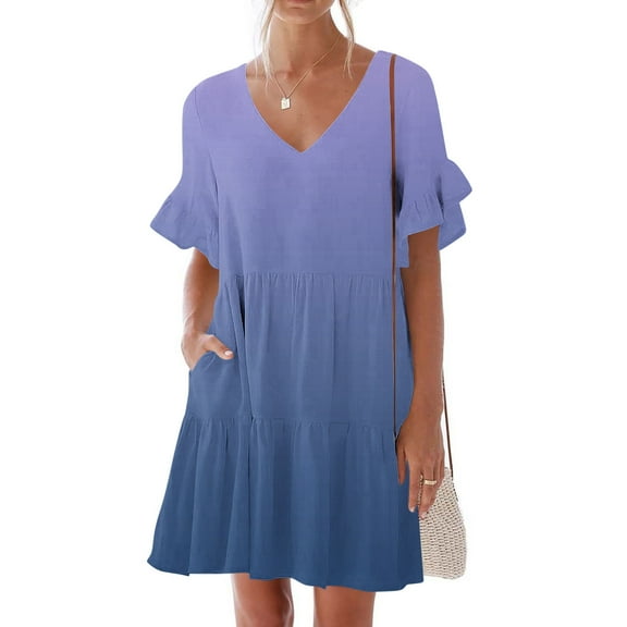 LOVZFMLL Summer Dresses for Women Casual Loose V Neck Short Sleeve Mini Dress Ruffle Swing Polka Dot/Boho Floral Print Beach Sundress Sky Blue L