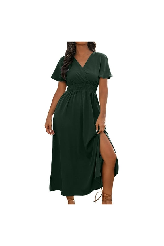 Summer Dresses for Women Elegant Classy V Neck Short Sleeve Wrap Maxi Dresses with Split Solid Wedding Guest Dresses Army Green 4XL