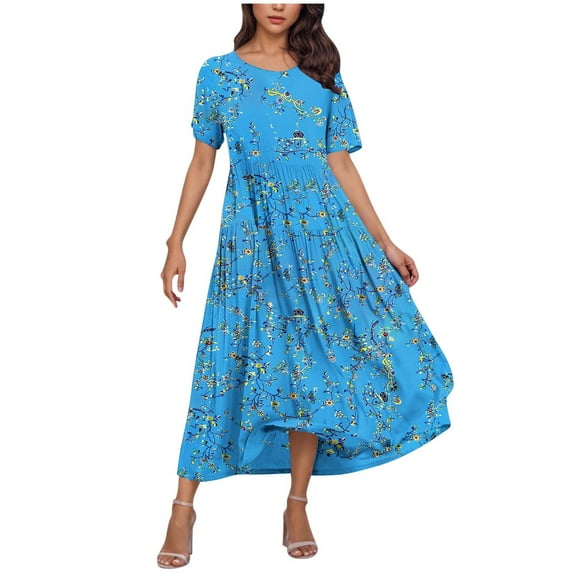 LOVZFMLL Summer Dresses for Women Short Sleeve A-Line Maxi Dresses Casual Floral Boho T-Shirt Dresses Flowy Beach Sundresses with Pockets Sky Blue S