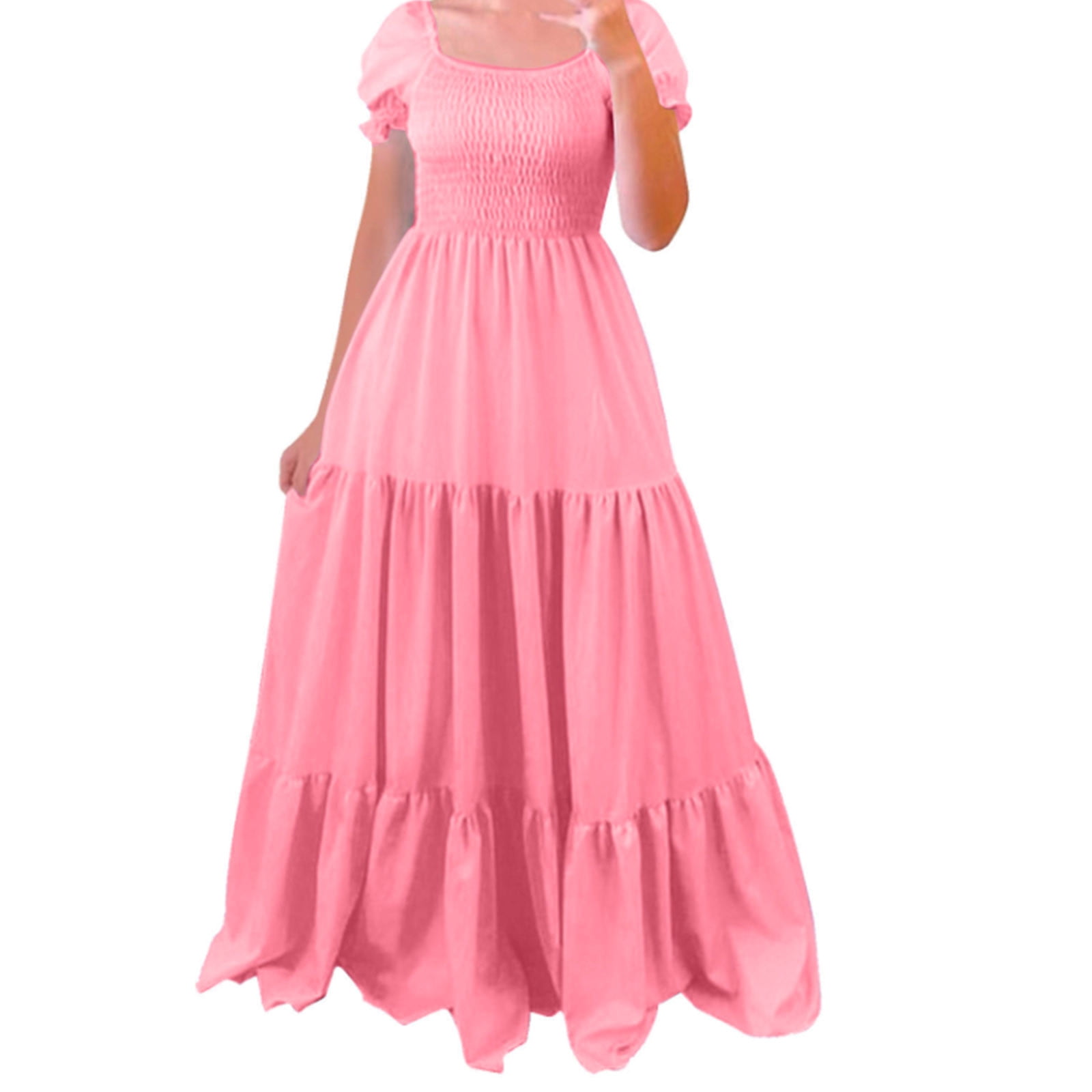 Lovzfmll Summer Dresses for Women Square Neck Puff Sleeve Cute Tiered Princess Long Maxi Dresses Formal Prom Wedding Guest Dresses Pink S, Women's,