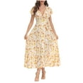 thumbnail image 1 of LOVZFMLL Summer Dresses for Women V Neck Short Ruffle Sleeve Bohemian Floral Maxi Long Dresses Beach Vacation Wedding Swing Wrap Sundresses Yellow S, 1 of 6