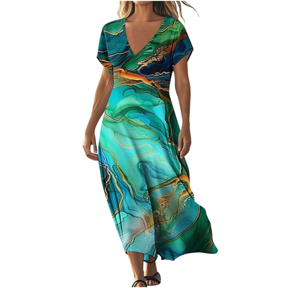LOVZFMLL Summer Dresses for Women V Neck Short Sleeve Swing Flowy Maxi Dresses Loose Casual Beach Vacation Floral Boho Dresses Green S