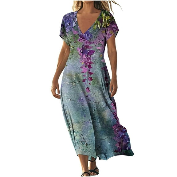 LOVZFMLL Summer Dresses for Women V Neck Short Sleeve Swing Flowy Maxi Dresses Loose Casual Beach Vacation Floral Boho Dresses Purple M