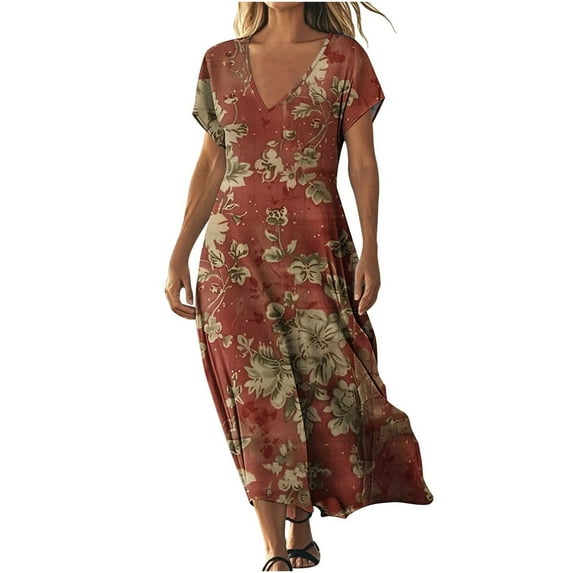 LOVZFMLL Summer Dresses for Women V Neck Short Sleeve Swing Flowy Maxi Dresses Loose Casual Beach Vacation Floral Boho Dresses Red L