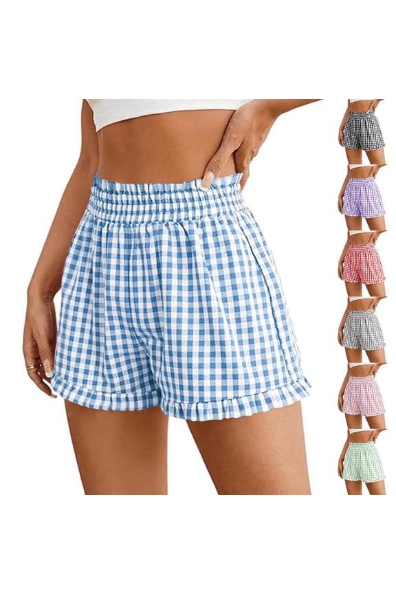 Summer Shorts for Women Comfy Gingham Plaid Shorts Beach Bottoms with Pockets Casual Ruffle Hem Lounge Sleep Shorts Black L