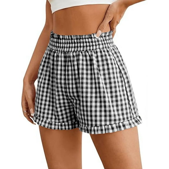 LOVZFMLL Summer Shorts for Women Comfy Gingham Plaid Shorts Beach Bottoms with Pockets Casual Ruffle Hem Lounge Sleep Shorts Black L