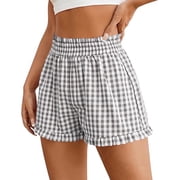 Lovzfmll Shorts for Women, Comfy Gingham Plaid Beach Bottoms with Pockets, Casual Ruffle Hem Lounge Sleep Shorts for Summer Gray S