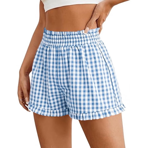 Lovzfmll Shorts for Women, Comfy Gingham Plaid Beach Bottoms with Pockets, Casual Ruffle Hem Lounge Sleep Shorts for Summer Light Blue L