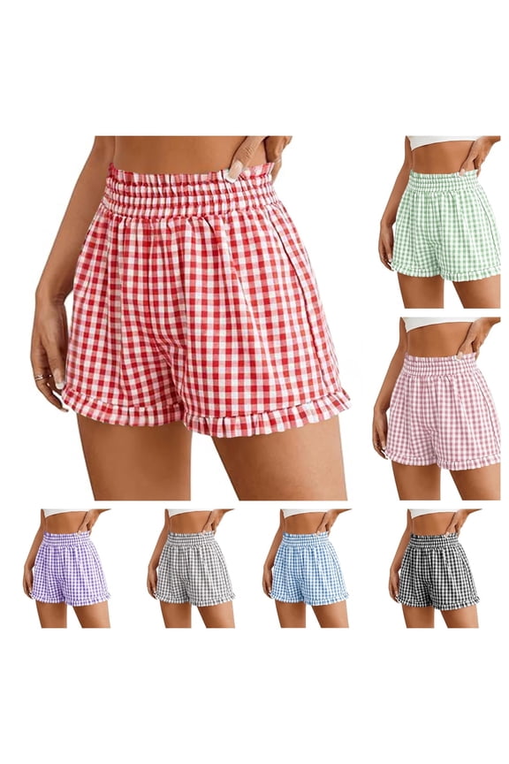 Shorts for Women, Comfy Gingham Plaid Beach Bottoms with Pockets, Casual Ruffle Hem Lounge Sleep Shorts for Summer Red S