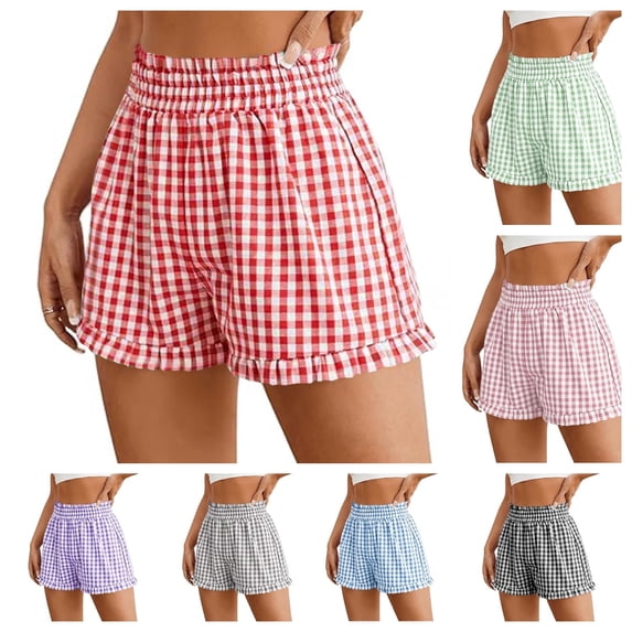 Lovzfmll Shorts for Women, Comfy Gingham Plaid Beach Bottoms with Pockets, Casual Ruffle Hem Lounge Sleep Shorts for Summer Red S