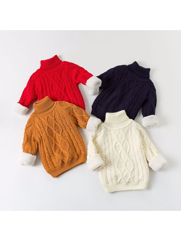 Sweaters for Boys Girls, Turtleneck Cable Knit Pullover Solid Color, Casual Fleece Thick Cozy Essential Fall Clothes Warm Winter Tops Toddler Boys Girls Clothes for 12-18 Months