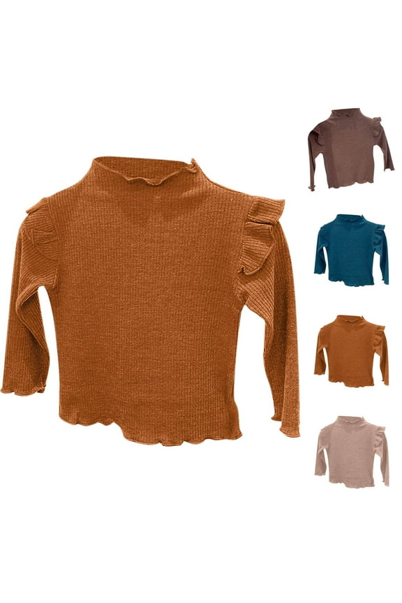 Sweaters for Girls, Turtleneck Ribbed Pullover Solid Color, Casual Ruffle Sleeve Cozy Layering Top Fall Clothes Warm Winter Tops Kid Girls Clothes for 8-9 Years