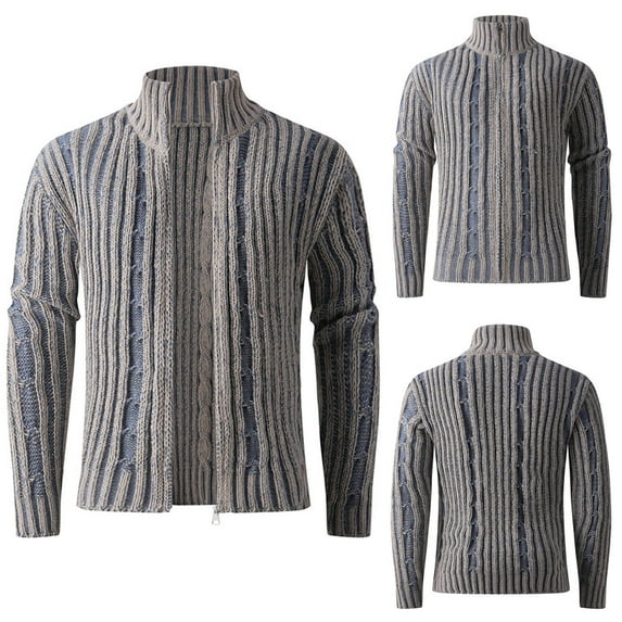 LOVZFMLL Sweaters for Men, Solid Color Acrylic Turtleneck Cable Knit Cardigan, Mandarin Collar Casual Zipper Outerwear, Fall Clothes, Warm Winter Tops