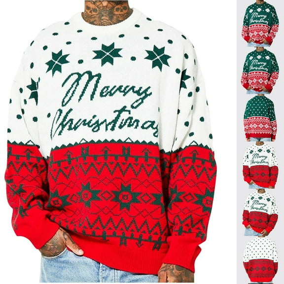 LOVZFMLL Sweaters for Men, Casual Crew Neck Ribbed Pullover, Color Block Print Christmas Sweater, Fall Clothes, Warm Winter Tops Loose