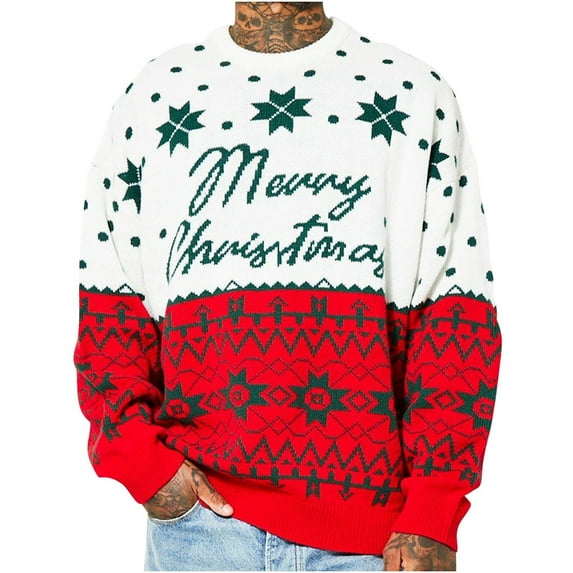 LOVZFMLL Sweaters for Men, Casual Crew Neck Ribbed Pullover, Color Block Print Christmas Sweater, Fall Clothes, Warm Winter Tops Loose