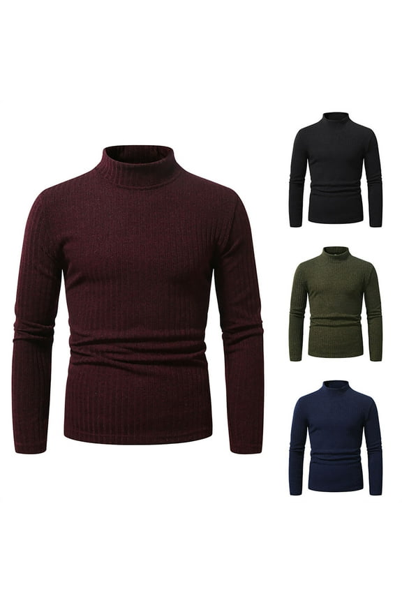 Sweaters for Men, Classic Solid Color Turtleneck Ribbed Pullover, Casual Stretchy Layering Shirt, Fall Clothes, Warm Winter Tops