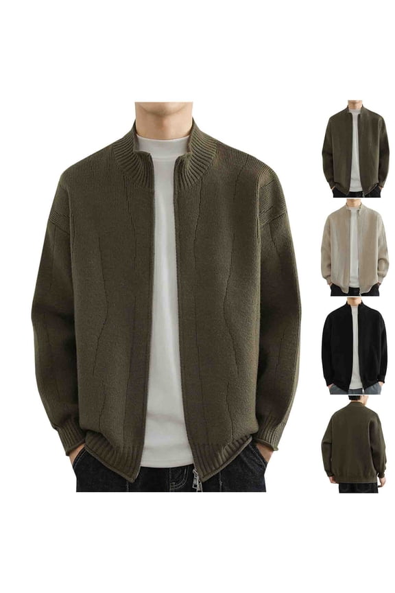 Sweaters for Men, Solid Color Acrylic V-Neck Ribbed Cardigan, Casual Lapel Zipper Outerwear Jacket, Fall Clothes, Warm Winter Tops