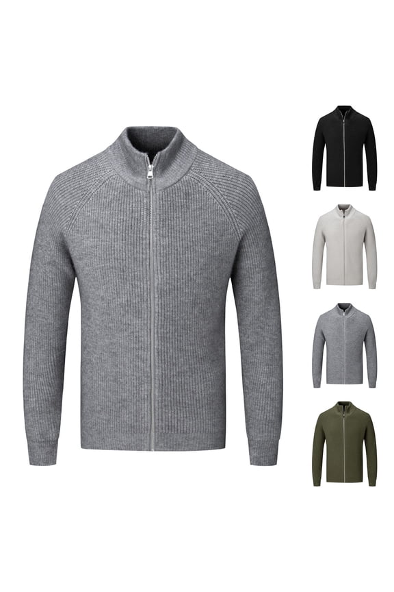 Sweaters for Men, Solid Color Turtleneck Ribbed Cardigan, Casual Mandarin Collar Zipper Outerwear Jacket, Warm Winter Tops, Fall Clothes