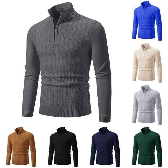 LOVZFMLL Sweaters for Men, Solid Color Turtleneck Ribbed Pullover, Classic Casual Half-Zip Stretchy Layering Shirt, Fall Clothes, Warm Winter Tops