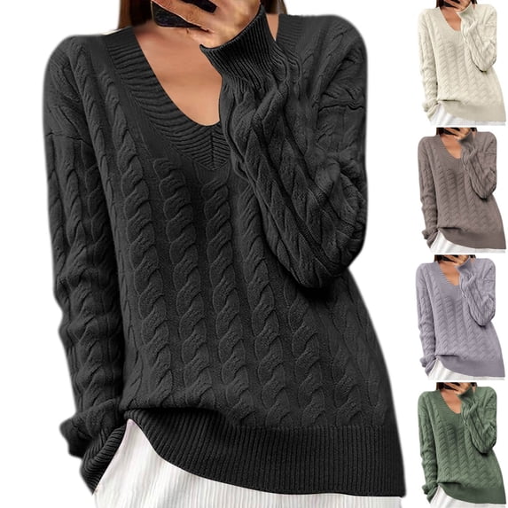 LOVZFMLL Sweaters for Women, Acrylic Crew Neck Cable Knit Pullover Solid Color Casual Basic Cozy Loose Long Sleeve Tops Warm Fall Winter Clothes