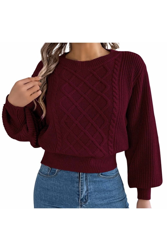 Sweaters for Women Acrylic Crew Neck Cable Knit Pullover Solid Color Casual Short Loose Long Sleeve Tops Warm Fall Winter Clothes