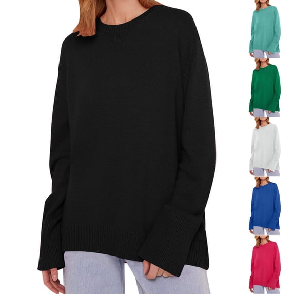 LOVZFMLL Sweaters for Women Acrylic Crew Neck Ribbed Pullover Solid Color Basic Casual Everyday Fashion Loose Tops Warm Fall Winter Clothes
