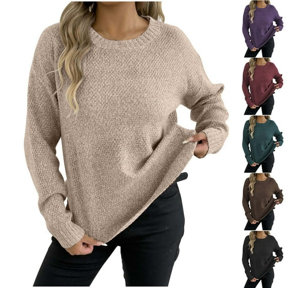 LOVZFMLL Sweaters for Women, Acrylic Crew Neck Ribbed Pullover Solid Color Basic Casual Relaxed Fit Long Sleeve Tops Warm Fall Winter Clothes