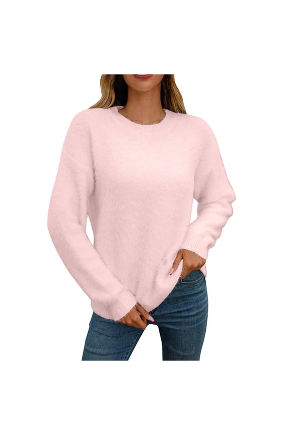 Sweaters for Women Acrylic Crew Neck Ribbed Pullover Solid Color Casual Basic Loose Classic Long Sleeve Tops Warm Fall Winter Clothes