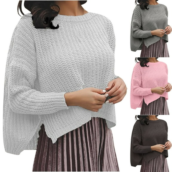 LOVZFMLL Sweaters for Women, Acrylic Crew Neck Ribbed Pullover Solid Color Casual Short Loose Long Sleeve Tops Warm Fall Winter Clothes