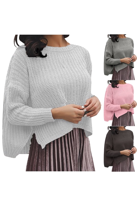 Sweaters for Women, Acrylic Crew Neck Ribbed Pullover Solid Color Casual Short Loose Long Sleeve Tops Warm Fall Winter Clothes