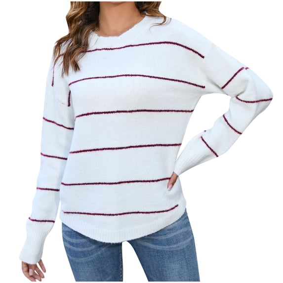 LOVZFMLL Sweaters for Women Acrylic Crew Neck Ribbed Pullover Striped Casual Fashion Relaxed Fit Long Sleeve Tops Warm Fall Winter Clothes