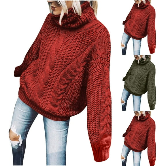 LOVZFMLL Sweaters for Women, Acrylic Turtleneck Cable Knit Pullover Solid Color Casual Basic Everyday Comfy Loose Tops Warm Fall Winter Clothes