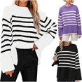 thumbnail image 1 of LOVZFMLL Sweaters for Women, Crew Neck Ribbed Pullover Striped Fashion Casual Basic Everyday Cozy Loose Tops Warm Fall Winter Clothes, 1 of 6