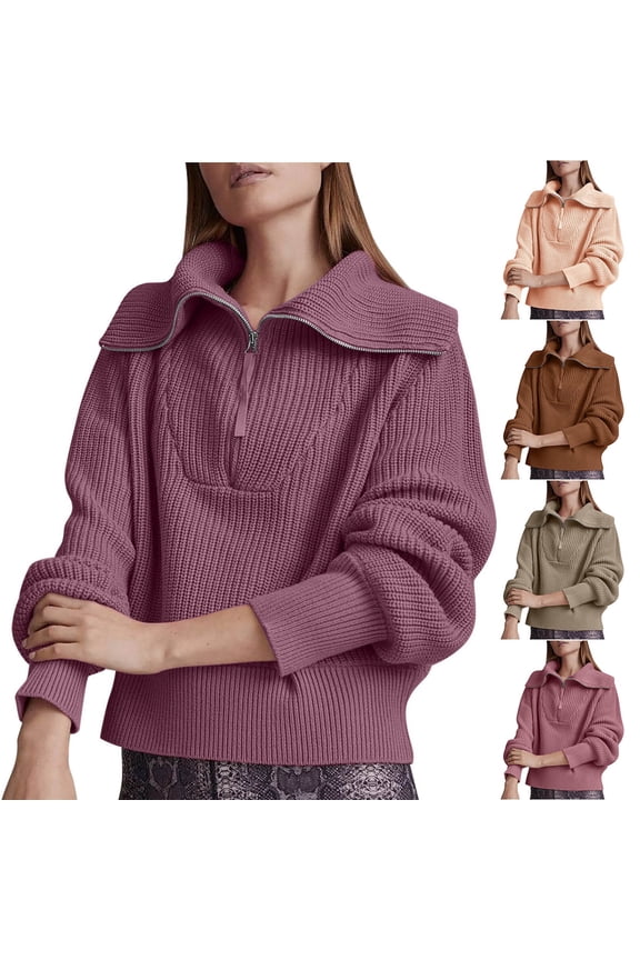 Sweaters for Women V-Neck Ribbed Pullover Half-Zip Lapel Casual Polo Loose Long Sleeve Tops Warm Fall Winter Clothes