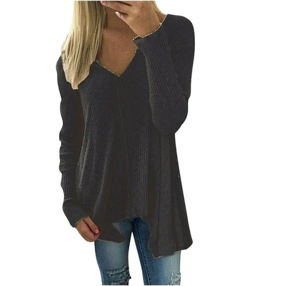 LOVZFMLL Sweaters for Women V-Neck Ribbed Pullover Solid Color Casual Basic Everyday Loose Long Sleeve Tops Warm Fall Winter Clothes