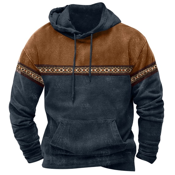 LOVZFMLL Sweatshirt for Men, Vintage Color Block Print Hooded Pullover Tops with Pockets Casual Loose Fit Fall Clothes