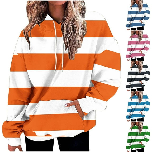 LOVZFMLL Sweatshirt for Women Color Block Striped with Pocket Long Sleeve Pullover Fall Fashion 2025 Women Clothing Comfort Streetwear