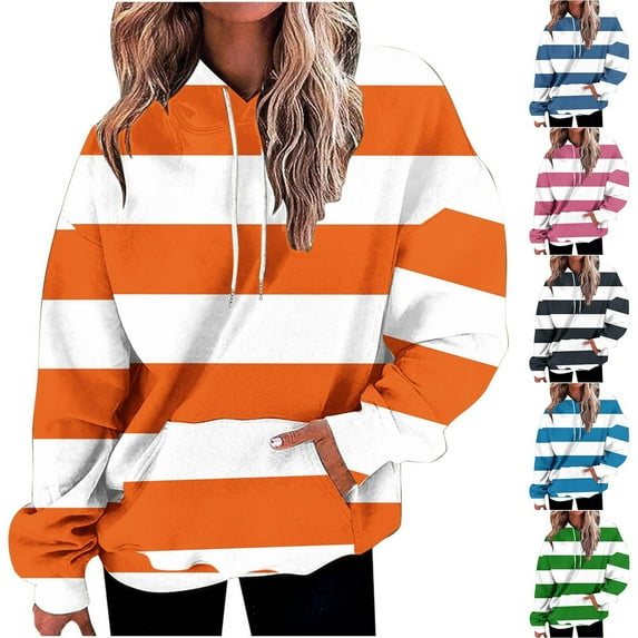 LOVZFMLL Sweatshirt for Women Color Block Striped with Pocket Long Sleeve Pullover Fall Fashion 2025 Women Clothing Comfort Streetwear