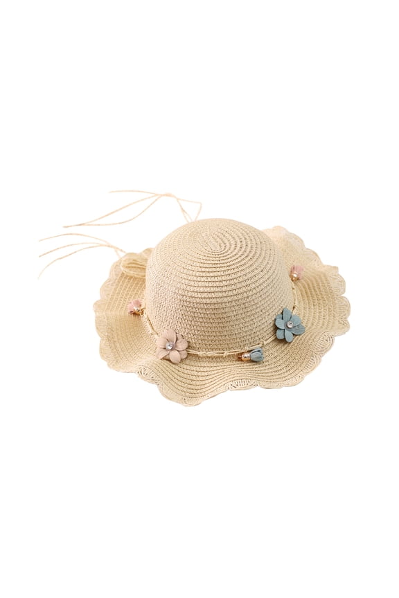 Toddler Girls Flower Straw Bucket Hat Wide Brim Sun Protection Summer Outdoor Beach Play Sun Hat for Little Kids Age 2-8 Years