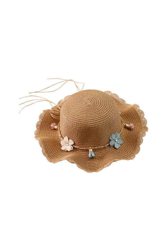 Toddler Girls Flower Straw Bucket Hat Wide Brim Sun Protection Summer Outdoor Beach Play Sun Hat for Little Kids Age 2-8 Years