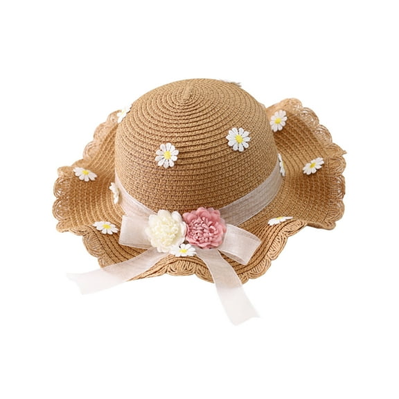 LOVZFMLL Toddler Girls Flower Straw Bucket Hat with Bowknot Wide Brim Sun Protection Summer Outdoor Beach Play Sun Hat for Little Kids Age 2-8 Years