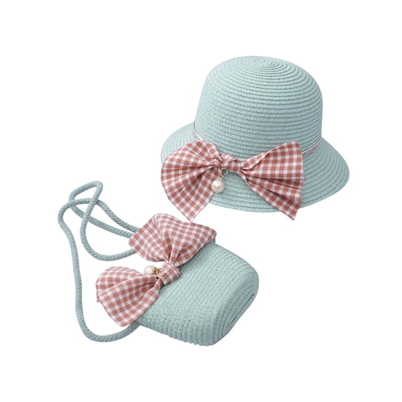 LOVZFMLL Toddler Girls Straw Bucket Hat with Bowknot Wide Brim Sun Protection Sun Hat and Bag Set for Little Kids Summer Outdoor Beach Play Age 2-8 Years