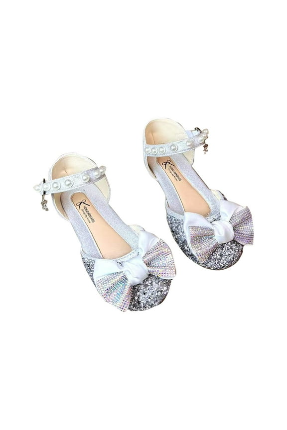Toddler Little Girls Dress Shoes Wedding Party Prom Cute Mary Jane Princess Flats Glitter Bow Knot Footwear Silver 12-13 Years
