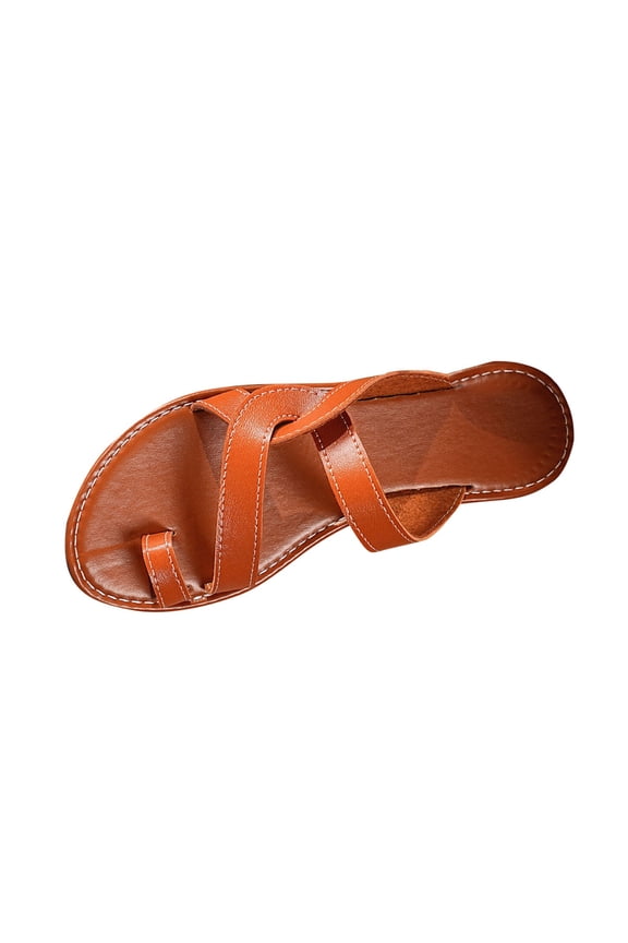 Toe Loop Thong Sandals for Women Summer Casual Cross Strap Flat Slippers for Beach Comfort Walking Outdoor Slides Brown 7.5