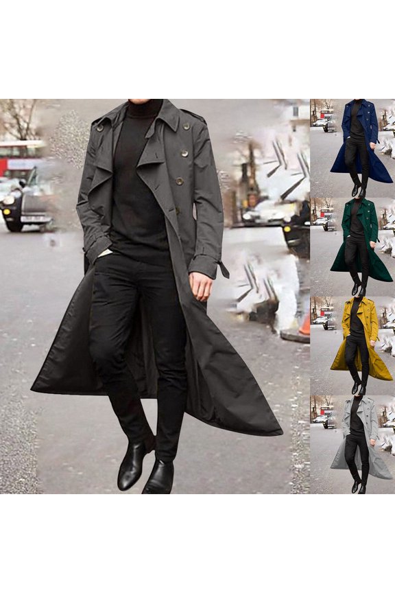 Trench Coat for Men Button Down Notched Collar Long Jacket Casual Loose Long Sleeve Overcoat Fall Winter Coat Outwear with Pockets