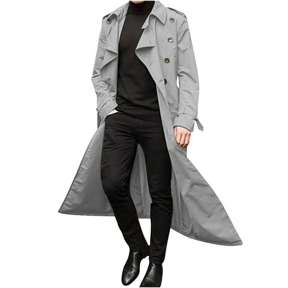 LOVZFMLL Trench Coat for Men Button Down Notched Collar Long Jacket Casual Loose Long Sleeve Overcoat Fall Winter Coat Outwear with Pockets