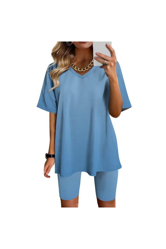 Two Piece Sets for Women Oversized V Neck Basic T-Shirt and Biker Shorts Matching Short Sets Summer Casual Outfits Loungewear Blue B L